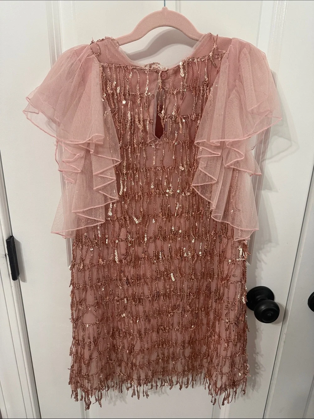 Bonnie Jean Rose Pink Sequin Fringe Tulle Sleeve Dress